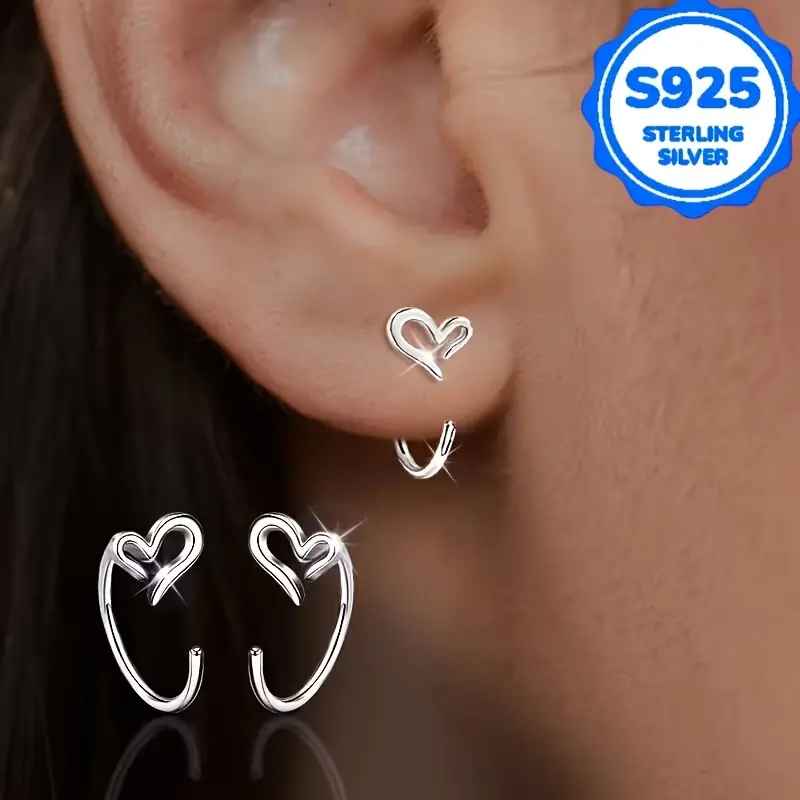 One 2-piece, women's fashionable earrings, retro bohemian style, hypoallergenic S925 silver, irregular heart-shaped mini earrings, suitable for daily versatile gift earrings