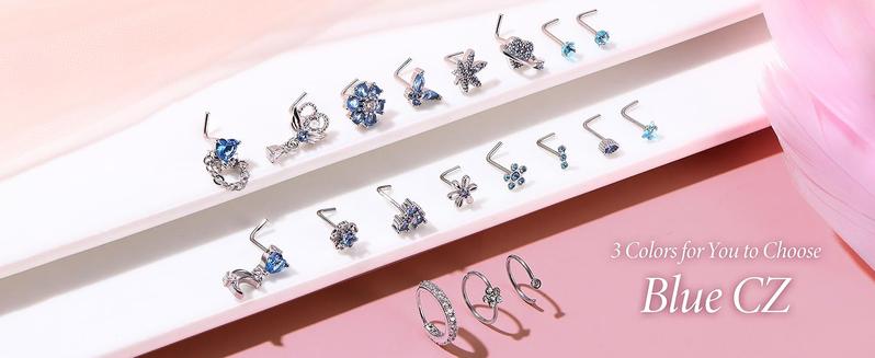 Trendy Summer Nose Rings L Shaped  Hypoallergenic Stainless Steel Nose Ring-Dangle CZ Butterfly Flower Nose Studs Hoops Piercings Jewelry Gift for Women Men 20G Pink/Blue/Clear
