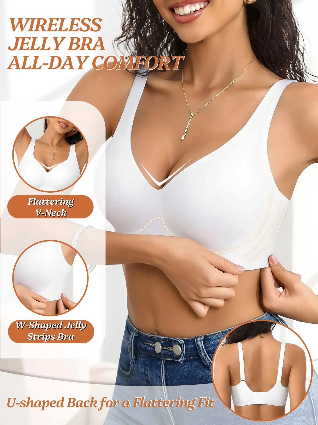Women's Jelly Strip Bra, Wireless V-Neck Bra, Soft Support No Underwire Bralette, Wide Straps, Comfortable Everyday Bra, Casual Style