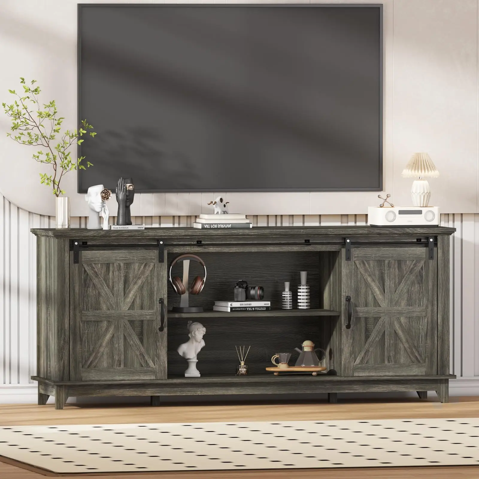 Garvee 66 Farmhouse Entertainment Center with Sliding Barn Doors, Power Outlet, and Storage Cabinet, Rustic Media Console Table for Living Room, Fits Large Screens
