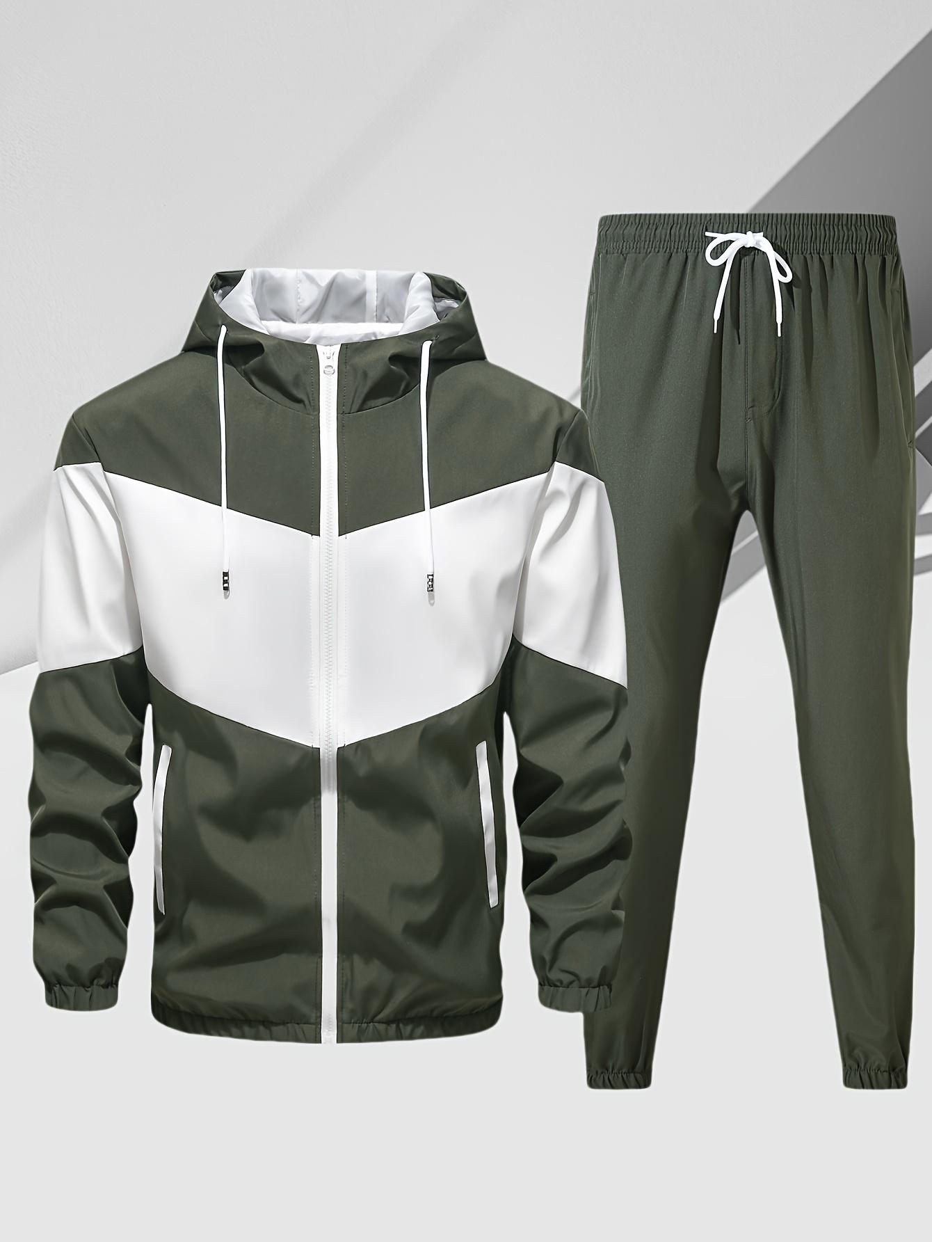 Men's casual two-piece set, stylish contrasting zipper hooded jacket, breathable solid color drawstring pants