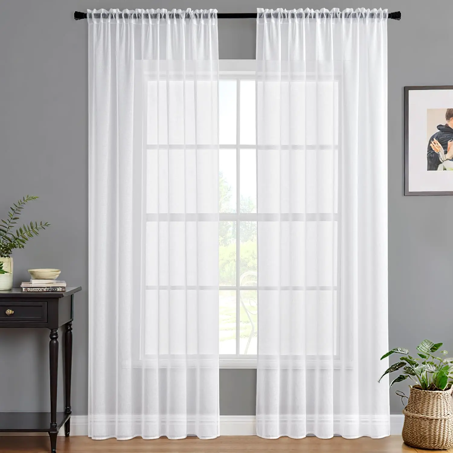 Semi White Textured Sheer Curtains 54W*84L Rod 2 Panels| Semi Transparent, Farmhouse, Window Net Panels with Rod for Bedroom Living Room