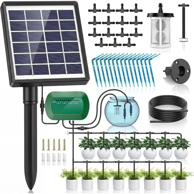 Solar Drip Irrigation System, Automatic Watering Kit with Split Design & Anti-Siphon Valve, 12 Modes Garden Irrigation System with 49ft Hose for 15 Potted Plants, Patio, Balcony & Greenhouse