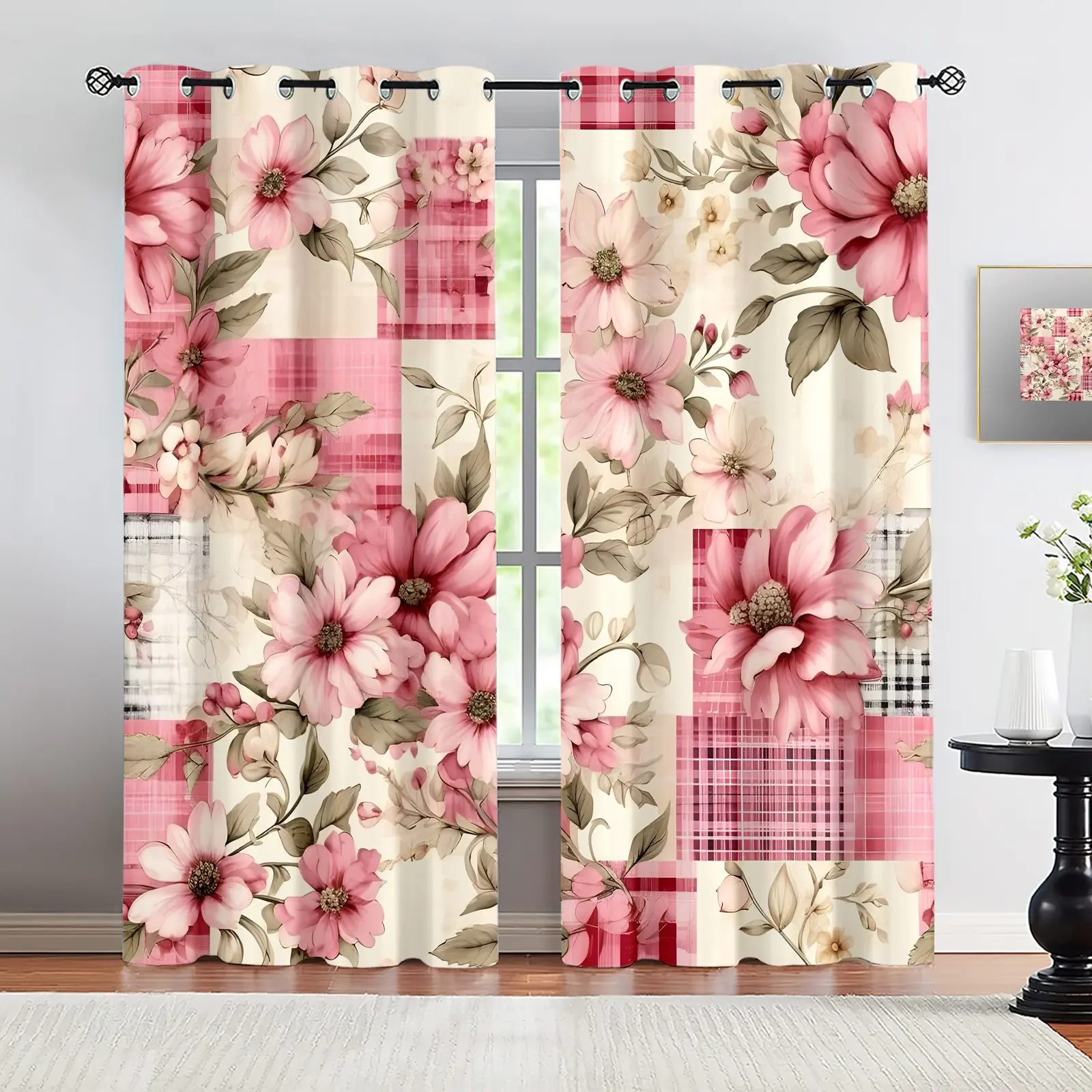 2 Panels Cottage Floral Heart Gingham Patchwork Digital Printed Curtains , Light Darkening Curtains, Vintage Country Decoration Curtains, Patchwork Floral Window Curtains for Bedroom Living Room Dorm, Machine Washable Farmhouse Home Window Decor Gift