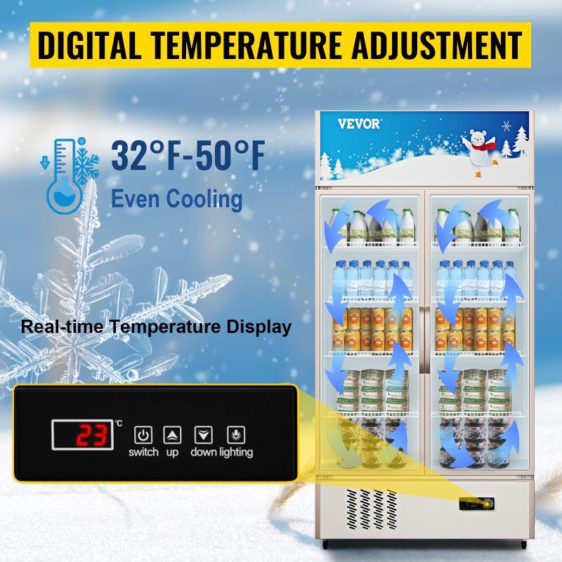 VEVOR Commercial Refrigerator, Display Fridge Upright Beverage Cooler, Glass Door with LED Light for Home, Store, Gym or Office, (23 cu. ft. Double Swing Door)