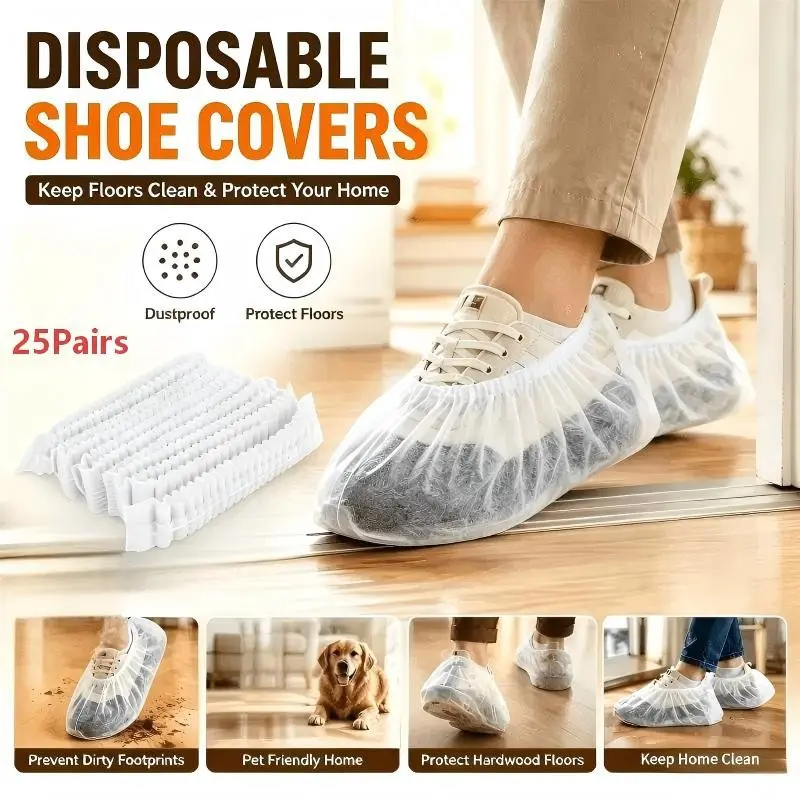 25 pairs of disposable non-woven shoe covers, elastic dust-proof shoe covers, universal sizes suitable for household items, indoor carpets, guests, cleaning, moving, travel, hospitals, offices, and other scenarios.