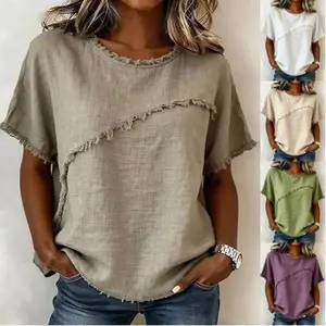 Women’s Loose Crew Neck Short Sleeve Blouse, Raw Edge Summer Top, Lightweight Casual Shirt for Streetwear, Vacation, Shopping & Daily Wear
