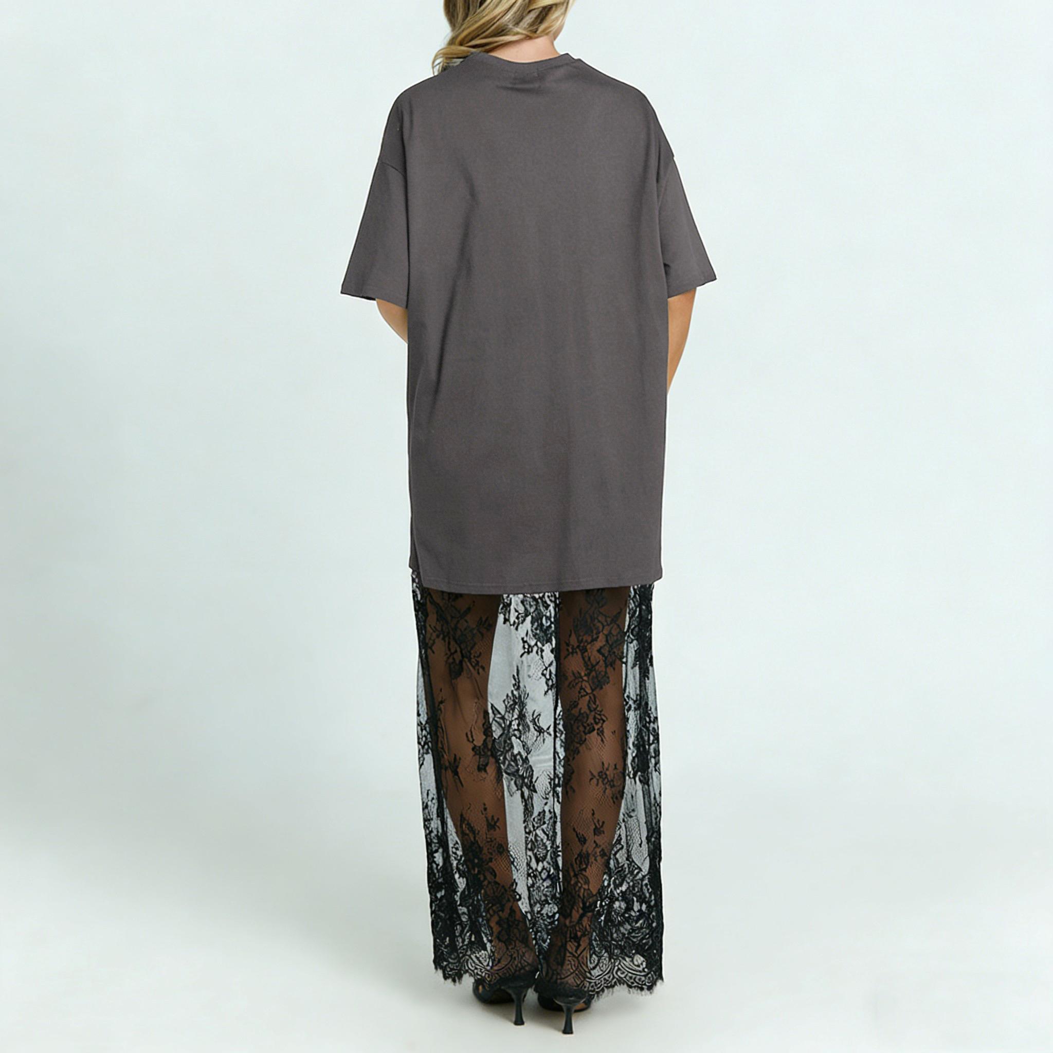 Women's Black Oversized T-Shirt Maxi Dress with Sheer Lace Hem Drop Shoulder Short Sleeve Perfect for Street Style...