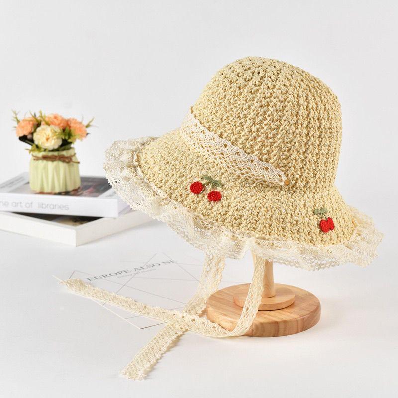 Korean-style Sweet Cherry Embroidered Straw Hat Summer Sun Protection Foldable Trendy Beach Hat for Vacation