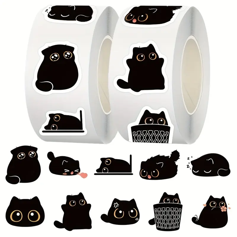 500pcs black cat cute-themed round stickers, featuring black cats in various poses, with an adorable and charming appearance, using black as the main color, suitable for decorating planners, cat-themed creations, water bottle stickers, and other a
