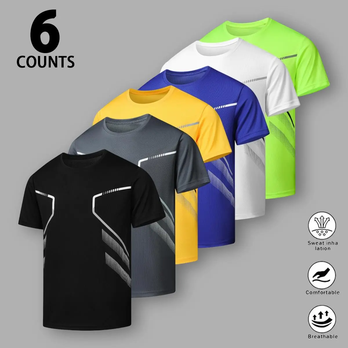 Men's 6-Pack Basics Quick-Dry Athletic T-Shirts - Gym Workout Apparel, Geometric Reflective Print, Ultra-Breathable Moisture-Wicking Fabric, Comfortable Crew Neck, Ideal for Gym Workouts, Lounging, Sports, Men's T Shirts, Gym Wear