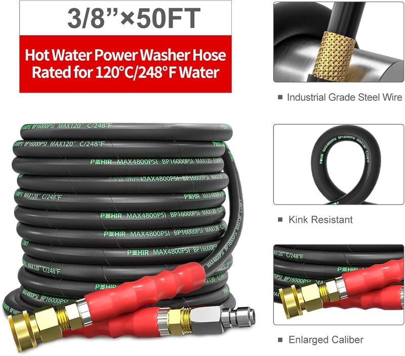 3/8" Washer Hose 50 FT for Cold and Hot Water Max 248F with Quick Connect, 4800psi Kink Resistant Industry Grade Steel Wire Braided Synthetic Rubber Jacket with 2 M22 14mm Adapter Set 3/8" Washer Hose 50 FT for Cold and Hot Water Max 248F with Quick Connect, 4800psi Kink Resistant Industry Grade Steel Wire Braided Synthetic Rubber Jacket with 2 M22 14mm Adapter Set