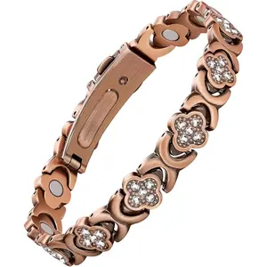 Pure Copper Bracelets for Women, Ultra Strength Magnetic Therapy Bracelet for Pain Relief with Neodymium Magnets & Sparkling Cubic Zirconia, Adjustable, Infinite Clover Jewelry