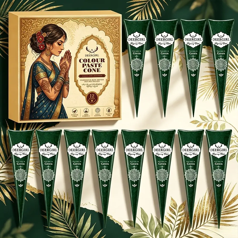 Gift box of 12 soft pink henna tattoo cones, Henna Cones For Skin, plant-based mild non-irritating paste with classic Indian exotic art. Smooth clog-free long-wearing paste for holiday gatherings, beach trips and pre-wedding bridal hand henna design.
