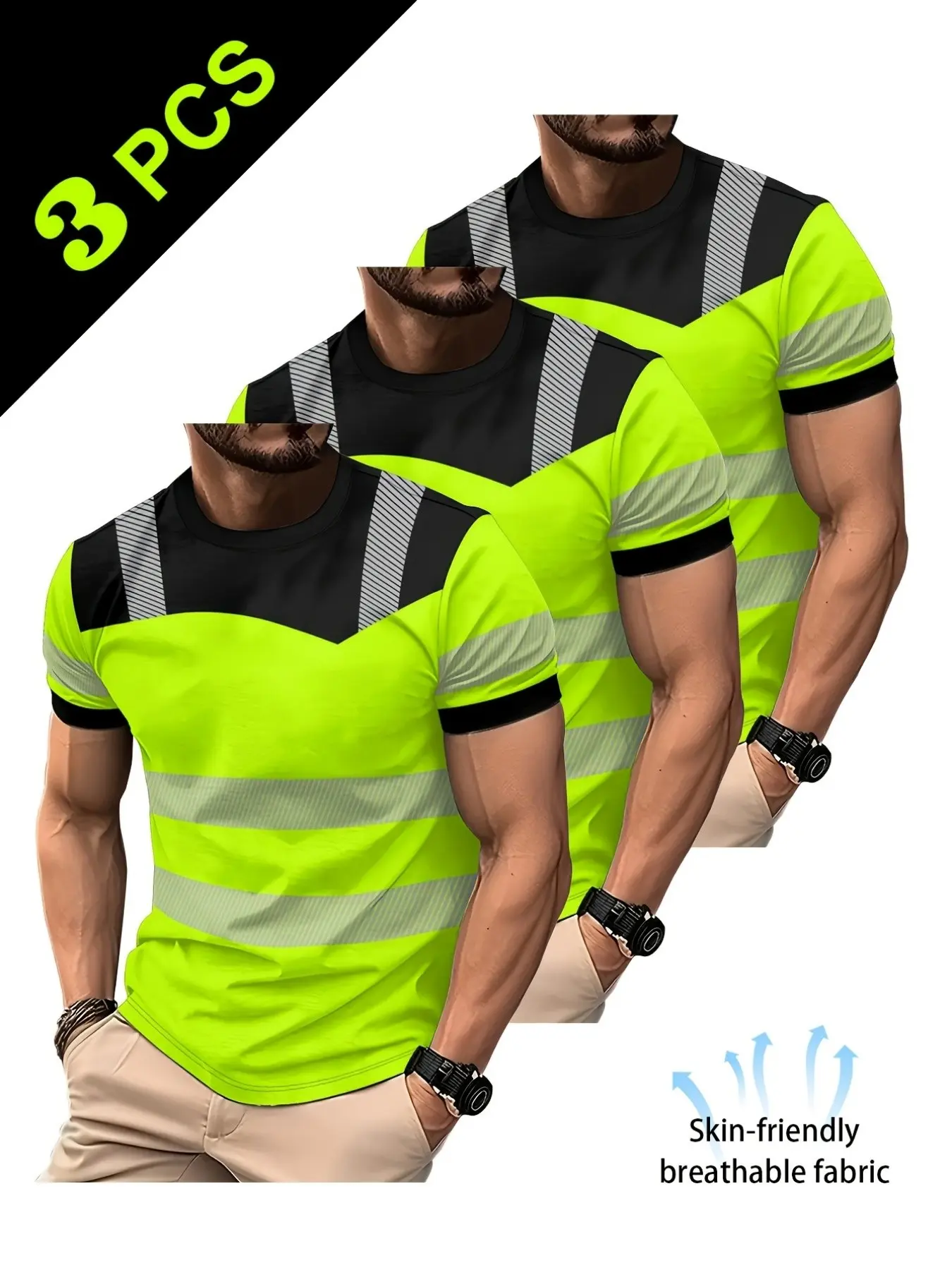 Summer Tropical Activewear Athletic Workwear Style Striped Short Sleeve T-Shirt 3-Pack, Men's Breathable Comfortable Fabric Casual Top, Lightweight and Trendy Design