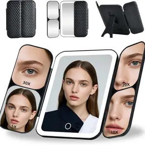 LED Vanity Mirror with Light, Foldable Adjustable Makeup Mirror, 360° Rotation, 5x/10x/20x/30x Magnification, Portable Travel Mirror