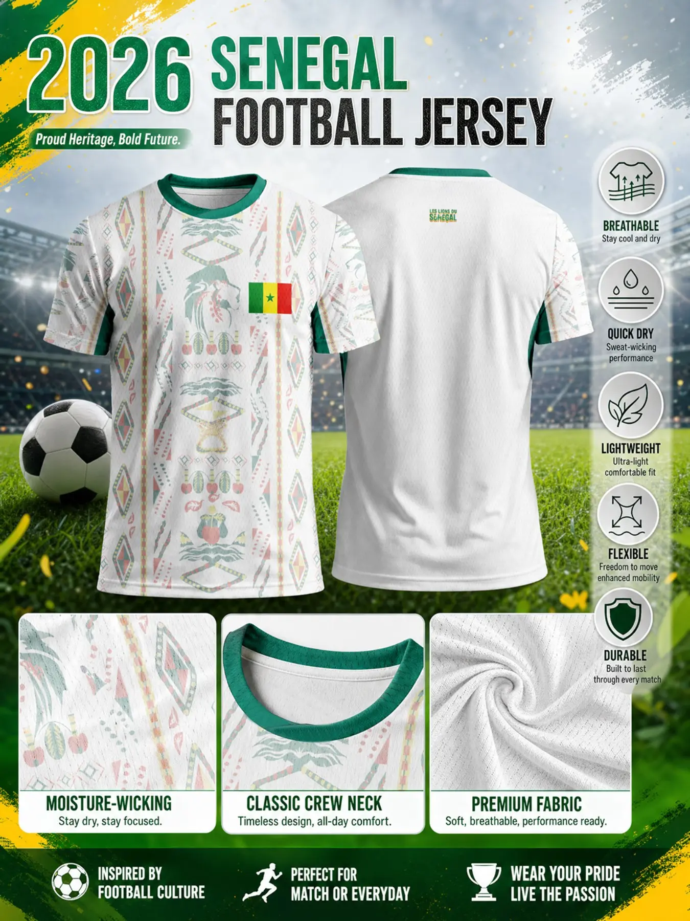 2026 Senegal Men's Soccer Jersey, Football Jerseys, Sports Jersey, Geometric Lion Pattern, Breathable Mesh, Quick-Dry, Four-Way Stretch, Training, Match, Casual Wear