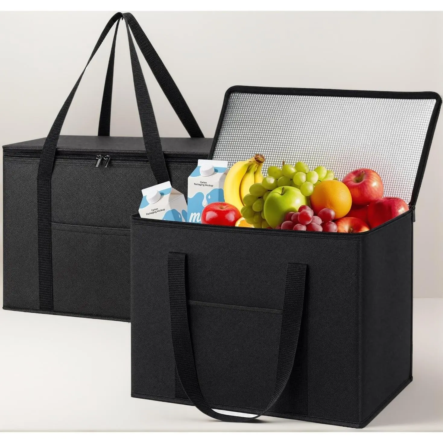2 Pack Insulated Grocery Bags, Collapsible Insulated Cooler Bag, Reusable Shopping Bags with Zippered Top for Groceries Food Delivery (Black)