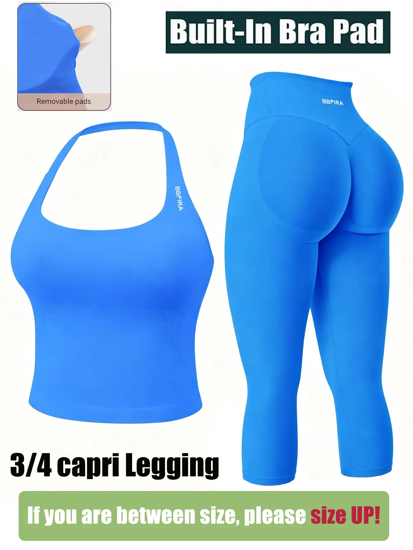 BBFIRA Women's 2-Piece Seamless Workout Set, Yoga Sportswear Set, Open-Back Halter Yoga Tank Top & High-Elastic Butt-Lifting Capri Leggings, Breathable Sweat-Wicking Knit with Removable Pads, for Yoga, Training & Outdoor Cycling