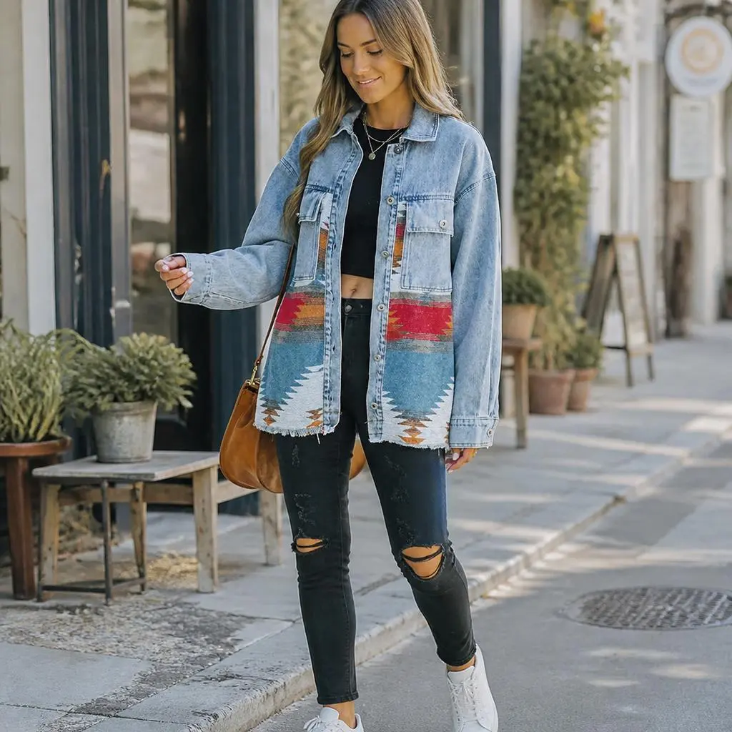 Women's Oversized Light Wash Denim Shacket - Lapel Collared Button-Down, Long Sleeve, Aztec Multi-Print Geometric Patchwork, Raw Frayed Hem, Western Boho, Street Wear Casual, Pockets, Machine Washable Festival Top