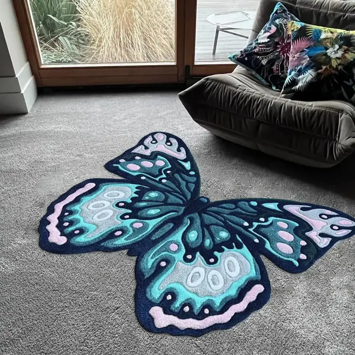 Vintage Blue Butterfly Print Fluffy Rug, Home Decor Rug, House Decor Rug, Decorative Rugs, Non-Slip Plush Carpet for Living Room Bedroom, Easy Care Mat for Home Office Hotel