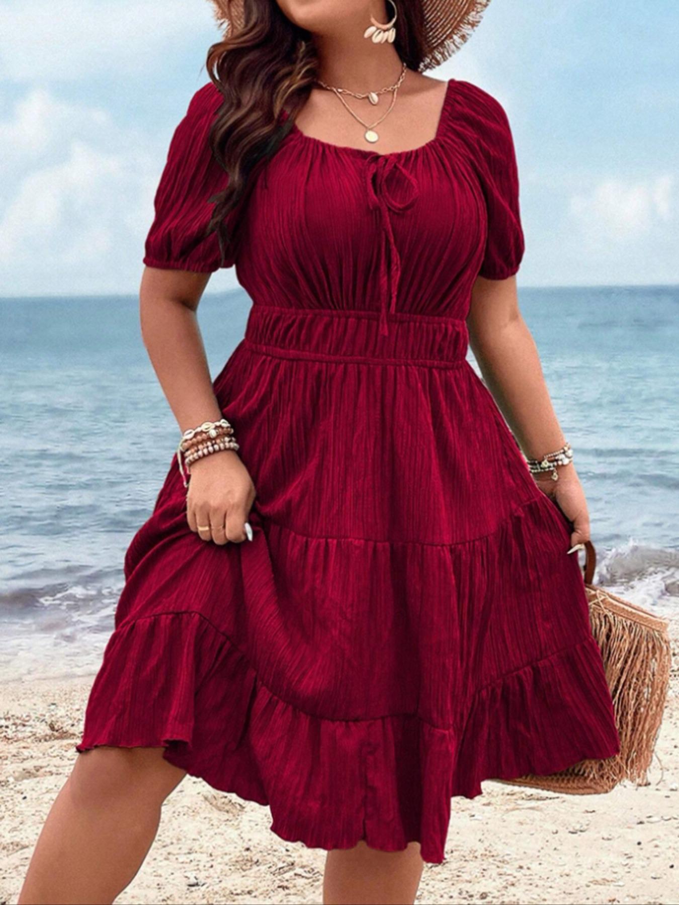 【Plus Size】 Solid Tie Front Dress, Plus Elegant Short Sleeve Dress for Summer, Women's Plus Clothing for Beach Holiday, Plus Size Tummy Flattering Dresses, Casual Fashion Dress, Boho Style Dresses