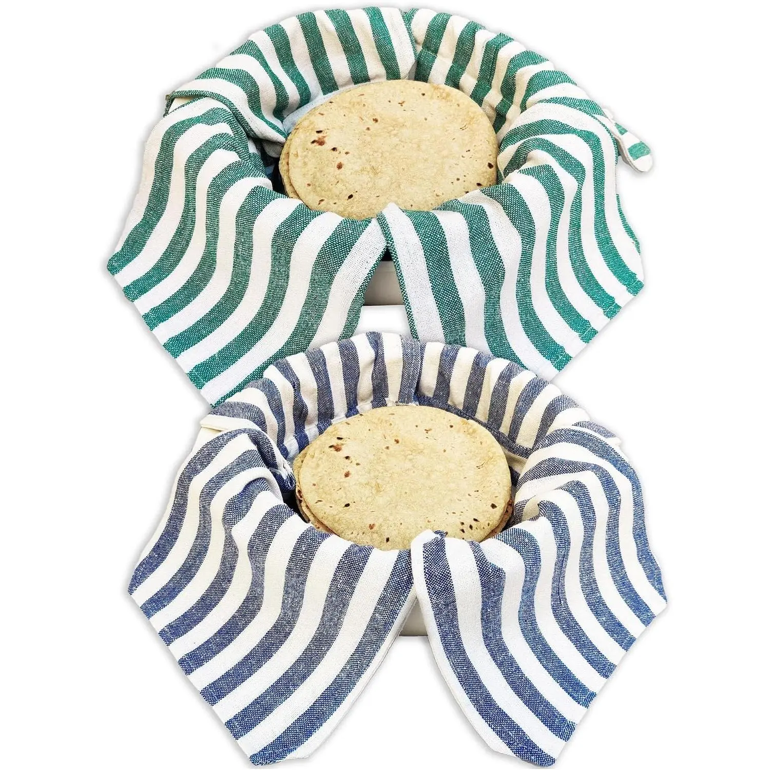 Set of 2 Double Layer Cotton Roti Wrap Cloth with Flaps, Muslin Chapati Cloth for Kitchen Hot Case, Green & Blue