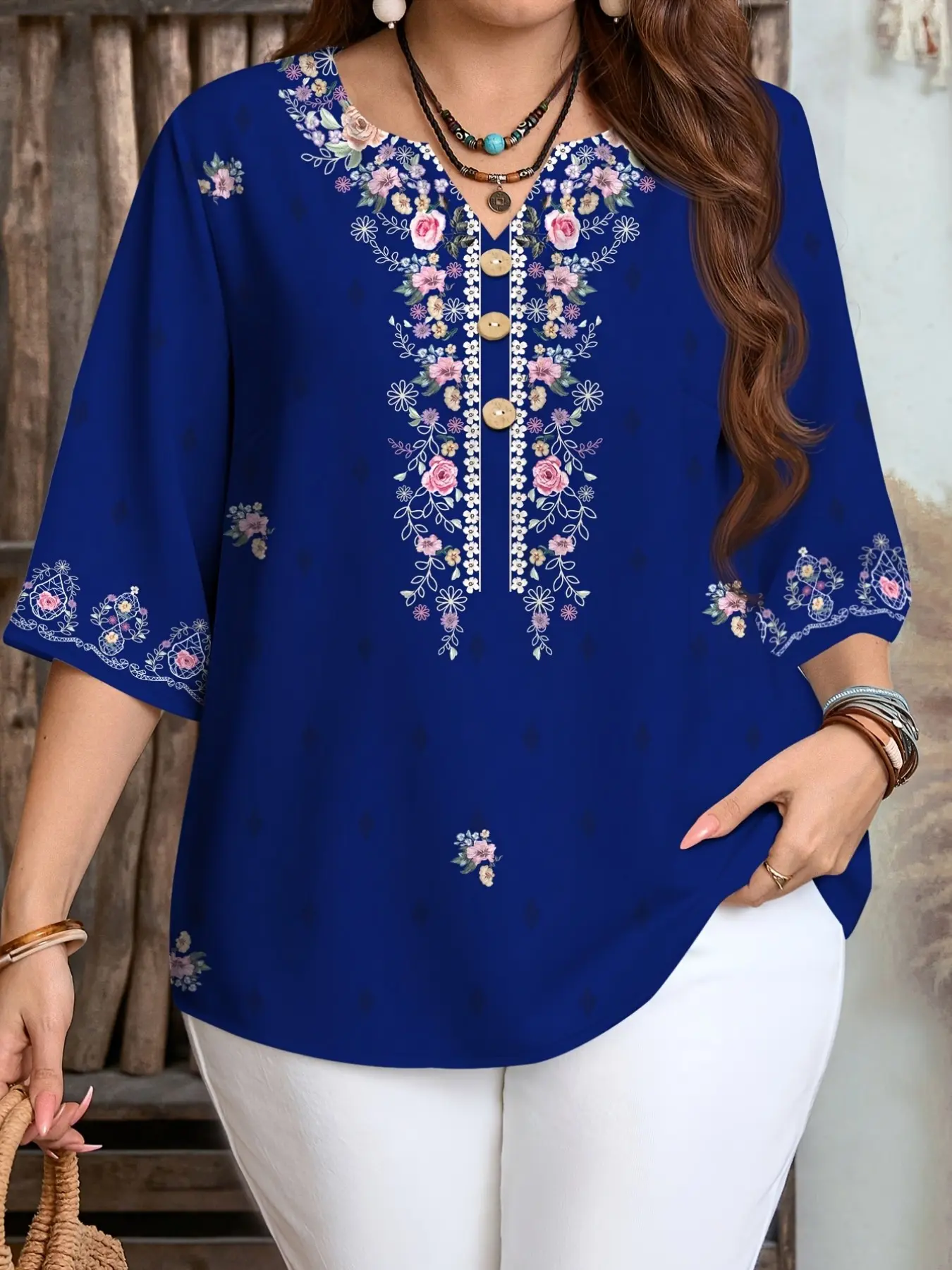 Elegant Striped Floral Print Shirt Blouse for Plus Size Women, Three Button V-Neck Pullover, Casual Loose Fit Top for Spring and Summer
