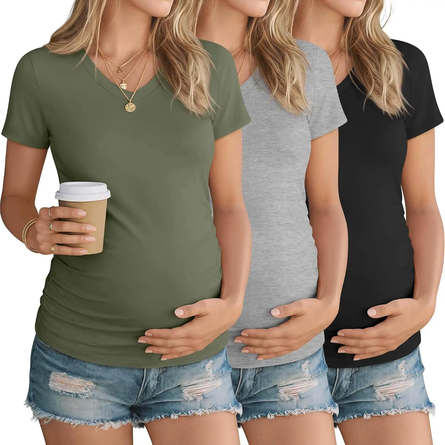 3 Pack Women's Maternity Shirts V  Coton Blend  Tops Short Sleeve Side Ruched Summer Mama Clothes