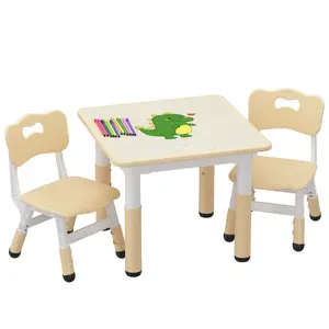 Height Adjustable Kids Table and Chair Set - Toddler Activity Table with 2 Chairs, Wood Color Erasable Graffiti Tabletop for Drawing, Reading, Playroom & Dining (1 Table, 2 Chairs)