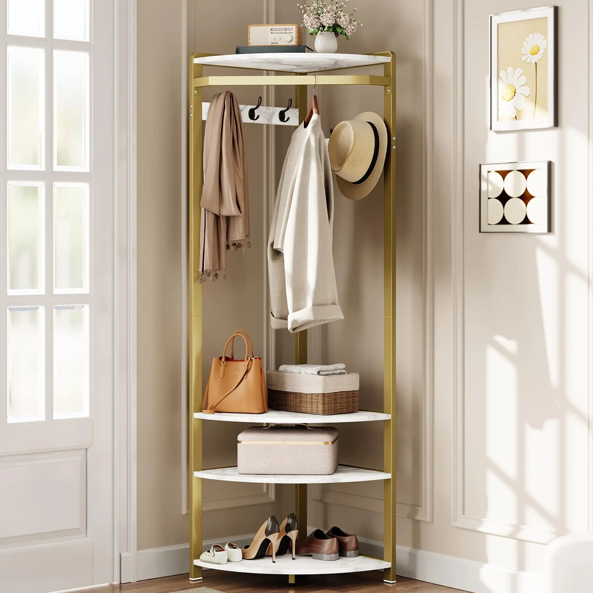 Garvee Corner Coat Rack with 4 Storage Compartments, Coat Rack with 6 Hooks, Coat Rack with Wood and Metal Frame, Clothes Rail, for Bedroom, Living Room, Hallway