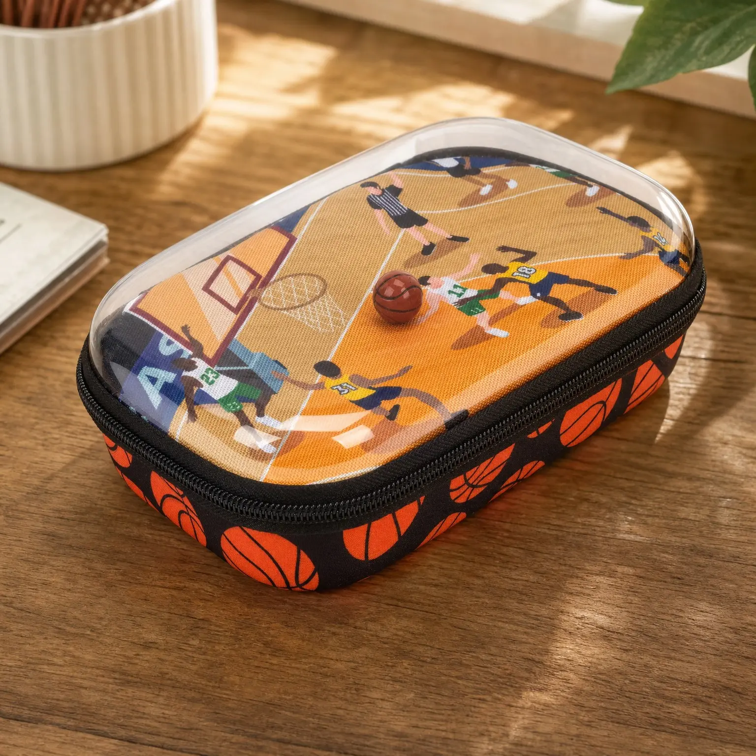 Clear Top Pencil Case for Boys, School Pencil Box with Basketball Design | Sturdy Hard Shell Case for Kids, Playful Movable Basketball, Secure Zipper Closure, Large Capacity Multi-Purpose StorageGift