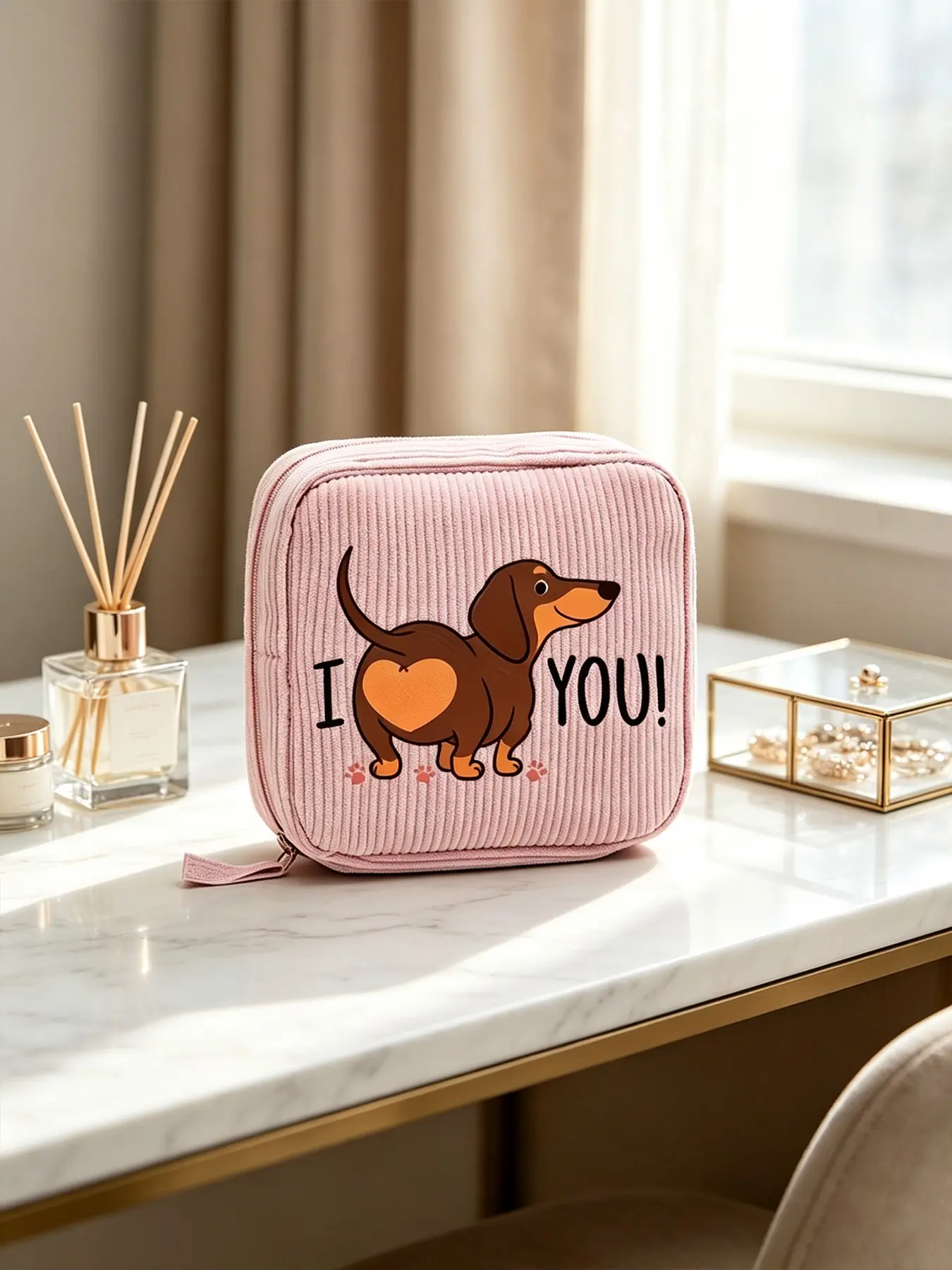 Style Fleece Cartoon Pouch, Cute Heart Dog Print, Portable Makeup Bag, High-End Organizing Bag, Ideal for Travel & Daily Use
