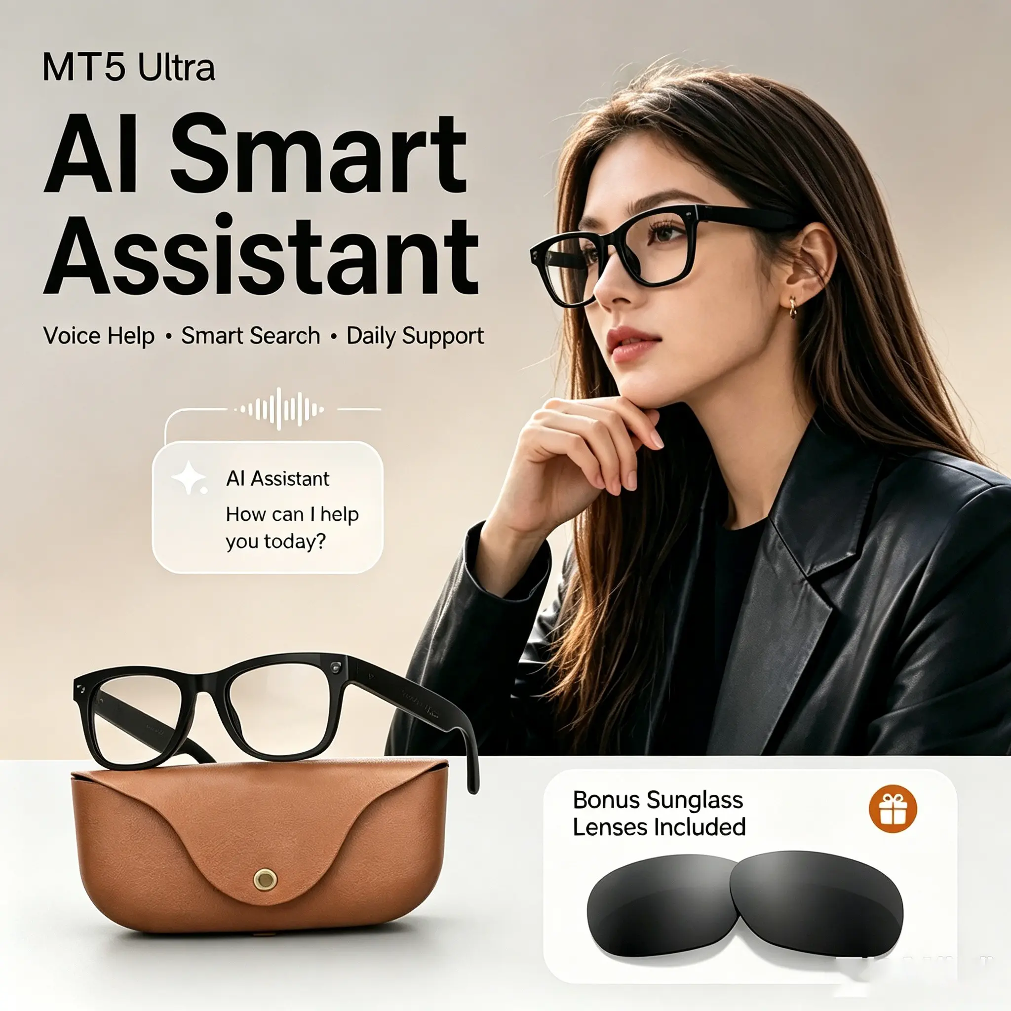 Mt5ultra Smart Ai Glasses with 2000mah Charger, 8mp HD Camera, 1080P Recording, Ai Translation, Hands-Free Call, Music, Unisex, Daily Use, Office
