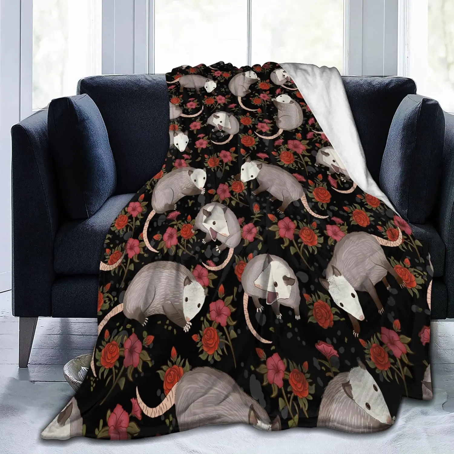 Opossum Animal Throw Blanket, Soft Floral Fleece Blanket, Cozy Wildlife Blanket for Bed, Sofa, Couch & Home Decor