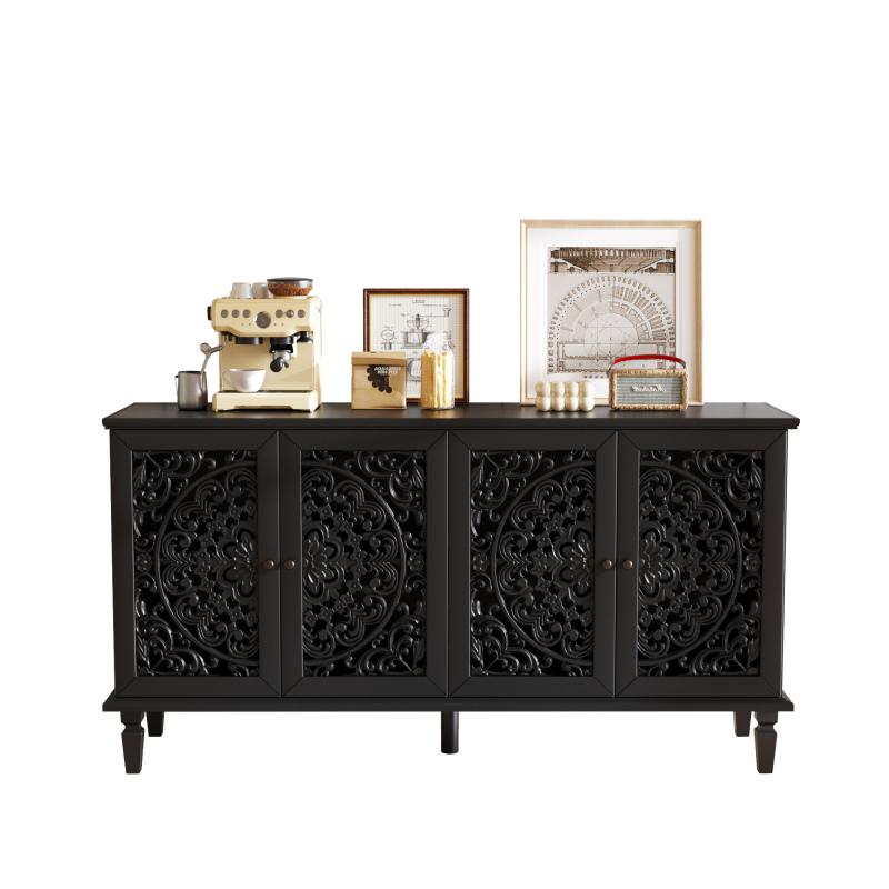 60" Antique Buffet Cabinet with Floral Carvings with Solid Wood Legs&Antique Brass Handles&Adjustable Shelves, TV Stand for 65''+ TV, Sideboard for Living Room,Dining Room (Black)