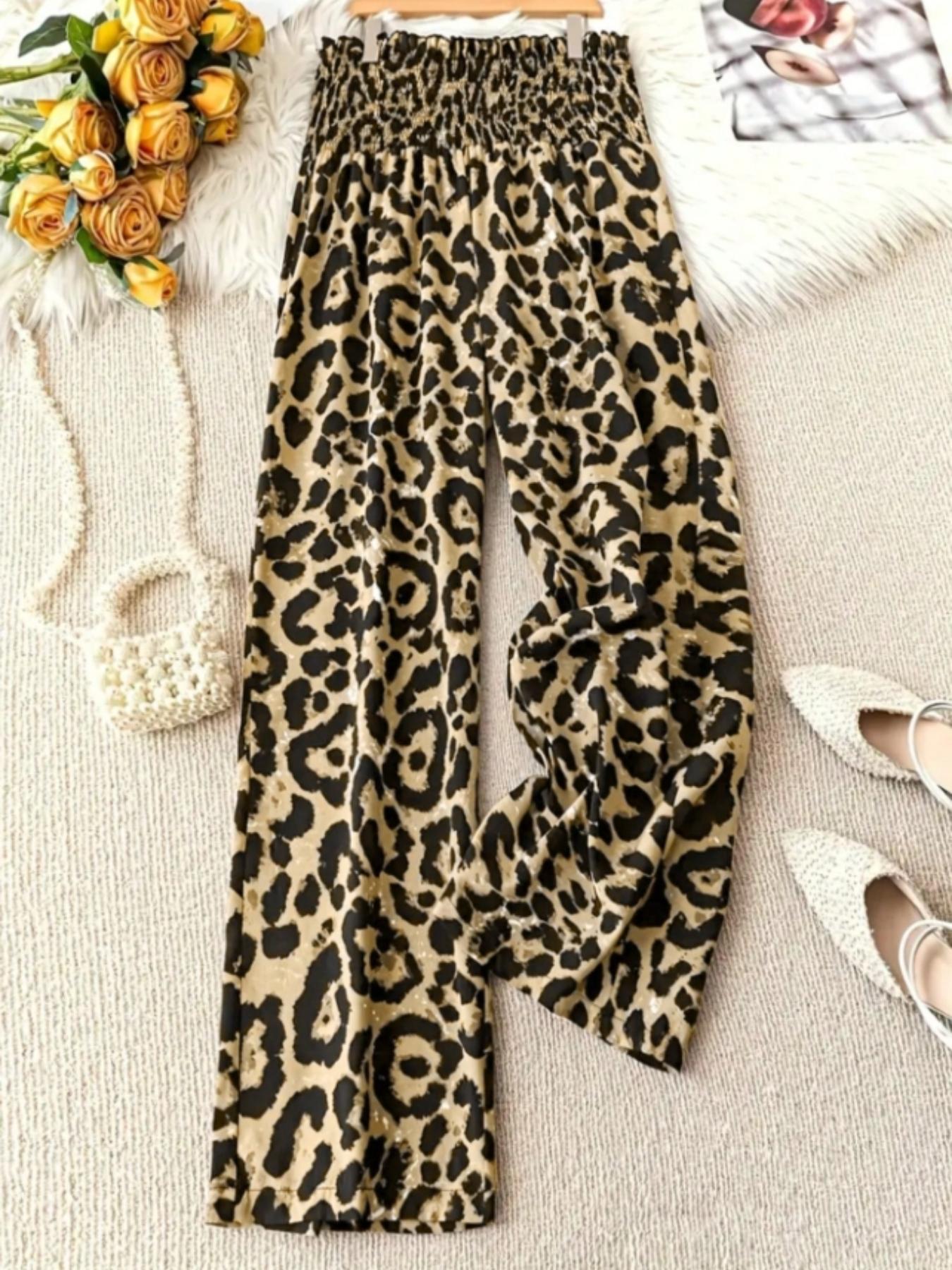 Elegant Summer Leopard Print Pants, High Waist Slim Fit Women's Long Trousers, Casual Fashionable Ladies' Clothing