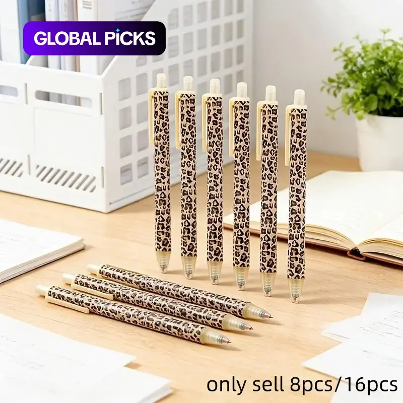 8/16pcs Leopard Print Retractable Ballpoint Pens, 1.0mm Smooth Writing No Cap Multi-Color Barrel Black Ink Office Stationery Set, Ideal Gift for Women and Men