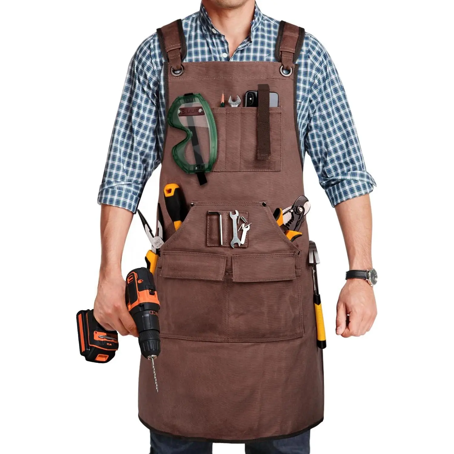 Woodworking Apron for Men, Shop Apron 20 oz Canvas Work Apron with 9 Tool Pockets, Heavy Duty Wood Working Workshop Bib Apron for Carpenter Woodworker Blacksmith, Men Gift, Adjustable to S- 3XL, Brown