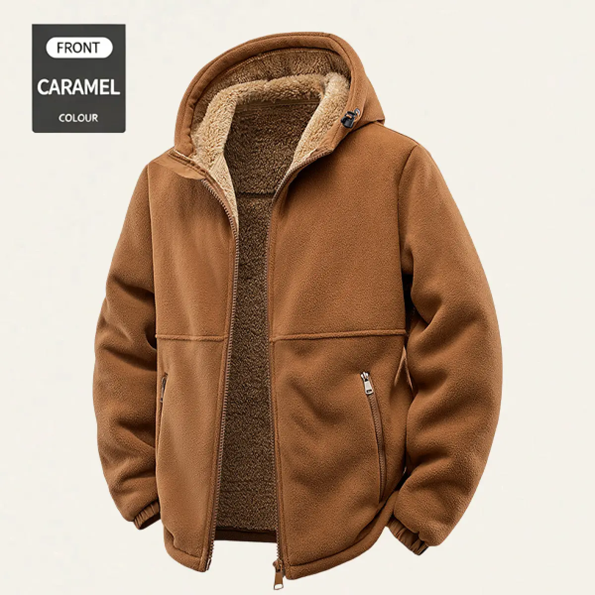 Men'S Fashionable Lined Hooded Jacket Coat - Warm Comfortable Solid Color Zipper Autumn/Winter Casual Polyester Fiber Jacket With Drawstring Hooded, Cold Weather Clothing/Fashionable Hooded Jacket/Plush Lined Hooded Shirt