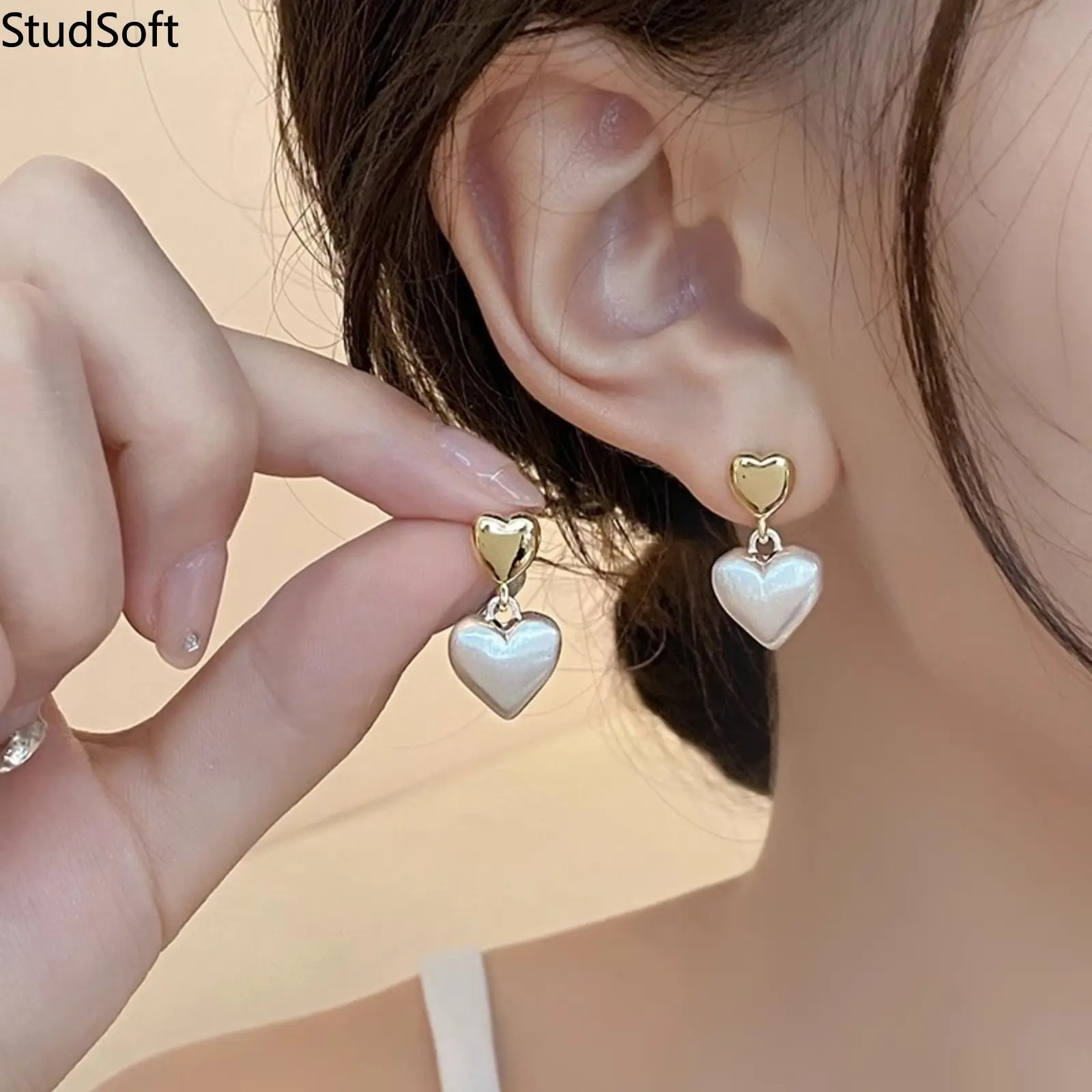 Vintage Gold Pearl Heart Shaped Earrings for Women, Elegant French Double Stud Dangle Jewelry, Romantic Anniversary Gift
