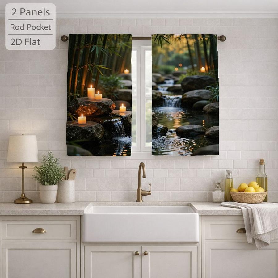 2Pcs Zen Garden Candles River Waterfall Pattern Sun Blocking Curtains Digital Printed Rod Pocket, Window Treatment For Bedroom Office Kitchen Living Room Study Home Decor