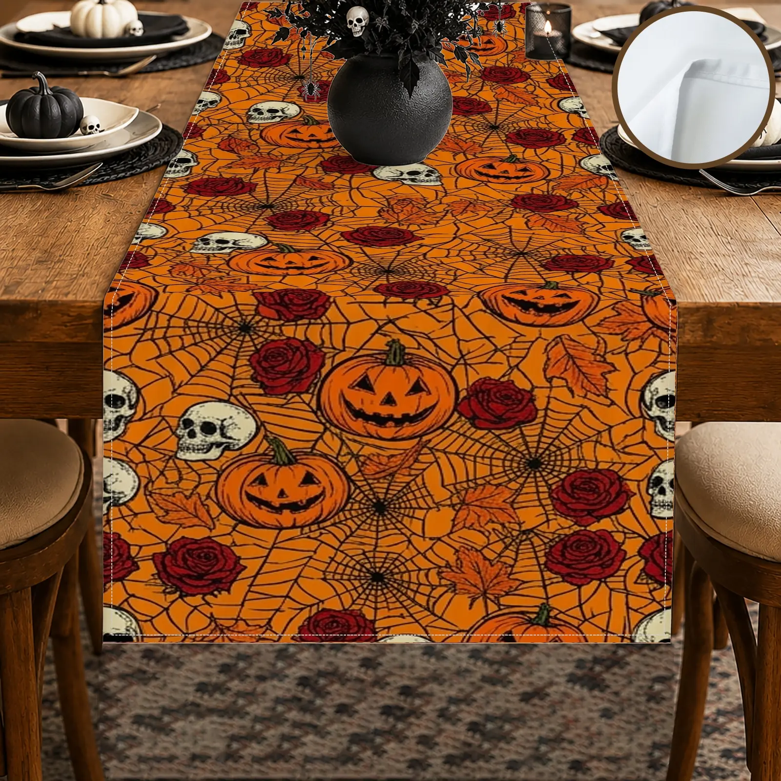 1pc Pumpkin Skull Spider Web Table Runner, Halloween Gothic Style, Repeating Pattern with Floral Accents, for Dining Table Halloween Party Home Decor Fall Decor