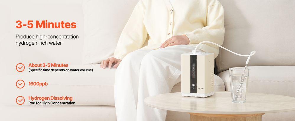 VEVOR Hydrogen Inhalation Machine, 99.99% High Purity Hydrogen Inhaler, HO-Separated 225ml/min (150 H+75 O) Dual Port Hydrogen Oxygen Inhaler, Hydrogen-Rich Water Generator for Home Travel