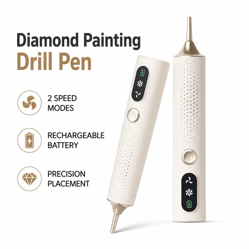 Electric diamond painting brush with two speed settings, powerful suction cup, no waxing required, allows for quick and precise DIY diamond painting creation.