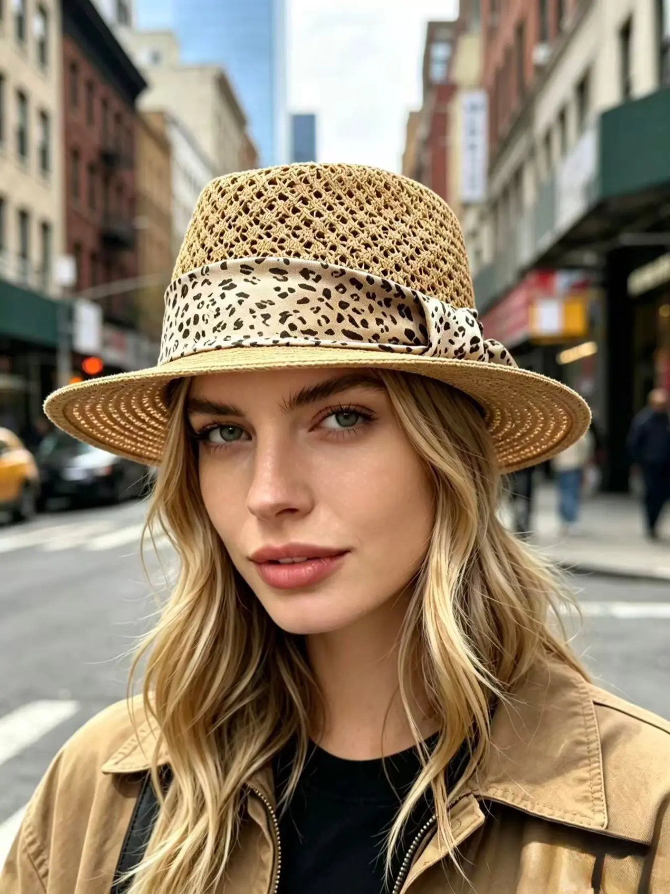 Women's Leopard Print Hat with Ribbon Decoration, Breathable Summer Sunshade Hat, Beach Travel Hat, Casual Vacation Style Cap