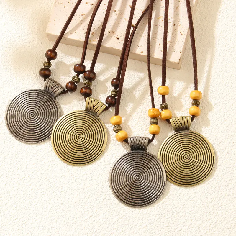 Genuine Leather Cord Ethnic Pendant Necklace, Fingerprint Alloy Round Statement Necklace Retro Long Sweater Chain Leather Fashion Jewelry