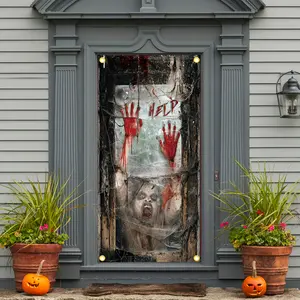 2D Door Flag: 1 creepy Halloween horror door curtain, 71x35 inch polyester hanging wall decoration, no need for electricity, versatile, suitable for entrances, rooms, photo backgrounds, party supplies - tc