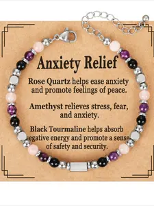 Natural Crystal Beaded Bracelet, Stress Relief & Positive Energy, Healing Crystal Bracelet, Rose Quartz Amethyst Black Tourmaline with Adjustable Chain, Spiritual Gifts for Women