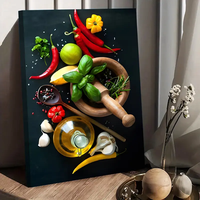 1-Piece Retro Woody Canvas Wall Decoration with Wooden Frame - Red Chili Peppers, Limes, Basil & Spices Print - Kitchen Room Decor, Father's Day Gift